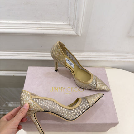 JIMMY CHOO 26S HIGH HEELS 100 MM IN BEIGE MESH FULLY EMBELLISHED WITH CRYSTALS