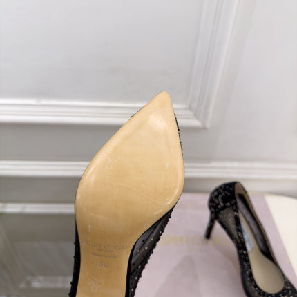 JIMMY CHOO 26S HIGH HEELS 100 MM IN BLACK MESH CRYSTAL-EMBELLISHED