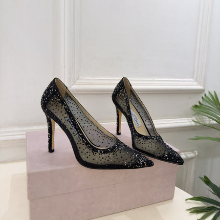 JIMMY CHOO 26S HIGH HEELS 100 MM IN BLACK MESH CRYSTAL-EMBELLISHED