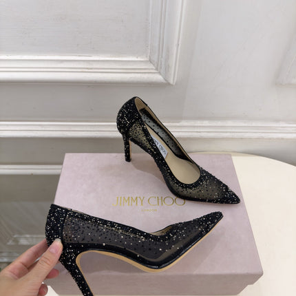 JIMMY CHOO 26S HIGH HEELS 100 MM IN BLACK MESH CRYSTAL-EMBELLISHED