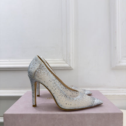 JIMMY CHOO 26S HIGH HEELS 100 MM IN OFF WHITE MESH CRYSTAL-EMBELLISHED