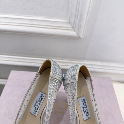 JIMMY CHOO 26S HIGH HEELS 100 MM IN OFF WHITE MESH CRYSTAL-EMBELLISHED