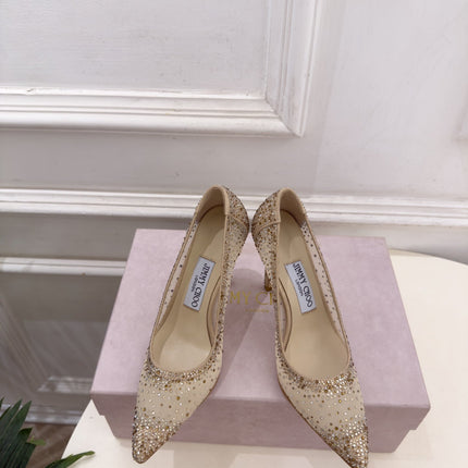 JIMMY CHOO 26S HIGH HEELS 100 MM IN BEIGE MESH CRYSTAL-EMBELLISHED