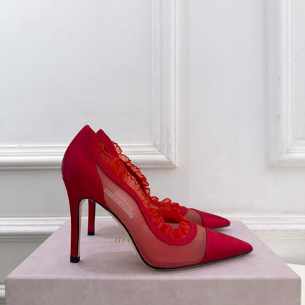 JIMMY CHOO 26S POINTED-TOE HEELS 100 MM IN RED SATIN AND MESH