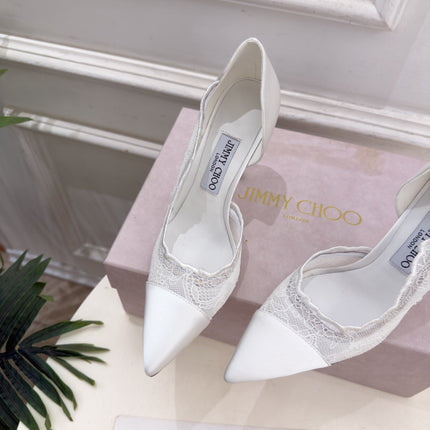 JIMMY CHOO 26S POINTED-TOE HEELS 100 MM IN OFF WHITE SATIN AND LACE