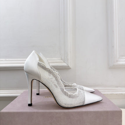JIMMY CHOO 26S POINTED-TOE HEELS 100 MM IN OFF WHITE SATIN AND LACE