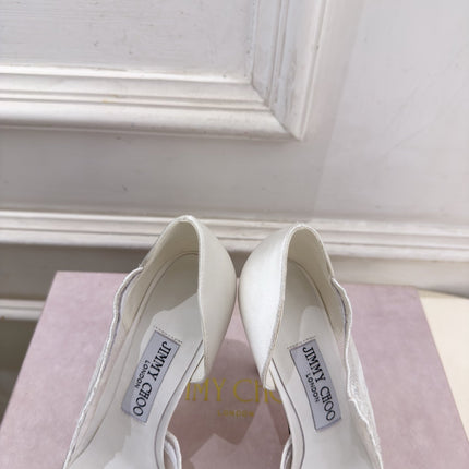 JIMMY CHOO 26S POINTED-TOE HEELS 100 MM IN OFF WHITE SATIN AND LACE