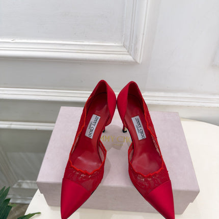 JIMMY CHOO 26S POINTED-TOE HEELS 100 MM IN RED SATIN AND LACE