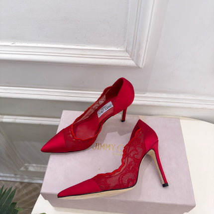 JIMMY CHOO 26S POINTED-TOE HEELS 100 MM IN RED SATIN AND LACE