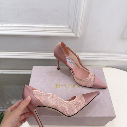 JIMMY CHOO 26S POINTED-TOE HEELS 100 MM IN LIGHT PINK SATIN AND LACE