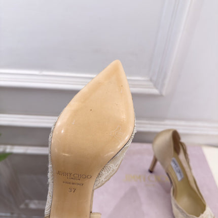 JIMMY CHOO 26S POINTED-TOE HEELS 100 MM IN BEIGE SATIN AND LACE