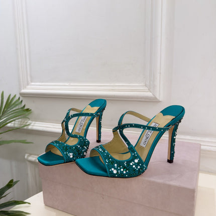 JIMMY CHOO 26S HEEL SANDALS 100 MM IN PEACOCK GREEN SATIN WITH MULTICOLORED CRYSTALS