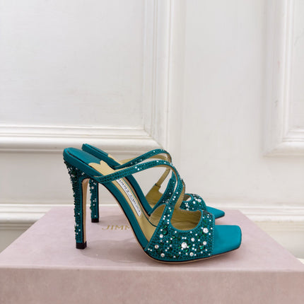 JIMMY CHOO 26S HEEL SANDALS 100 MM IN PEACOCK GREEN SATIN WITH MULTICOLORED CRYSTALS