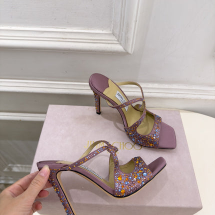 JIMMY CHOO 26S HEEL SANDALS 100 MM IN LIGHT PURPLE SATIN WITH MULTICOLORED CRYSTALS