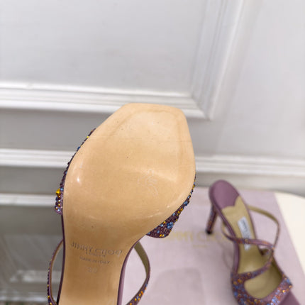 JIMMY CHOO 26S HEEL SANDALS 100 MM IN LIGHT PURPLE SATIN WITH MULTICOLORED CRYSTALS