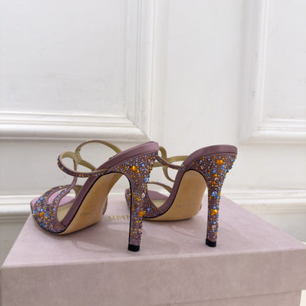 JIMMY CHOO 26S HEEL SANDALS 100 MM IN LIGHT PURPLE SATIN WITH MULTICOLORED CRYSTALS