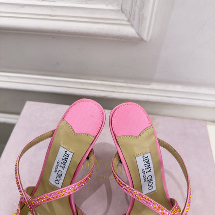 JIMMY CHOO 26S HEEL SANDALS 100 MM IN PINK SATIN WITH MULTICOLORED CRYSTALS