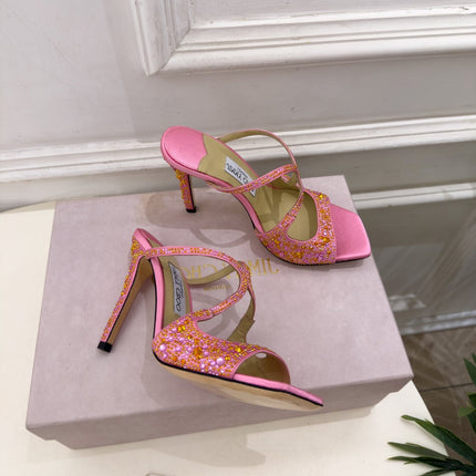 JIMMY CHOO 26S HEEL SANDALS 100 MM IN PINK SATIN WITH MULTICOLORED CRYSTALS
