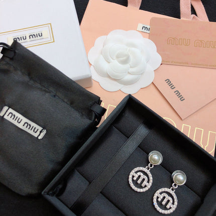 MIUMIU 26S PEARL DROP CRYSTAL LOGO CIRCLE EARRINGS IN SILVER TONE METAL 615772