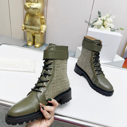 BALMAIN 26S BOOTS IN MOSS GREEN CALFSKIN AND SUEDE