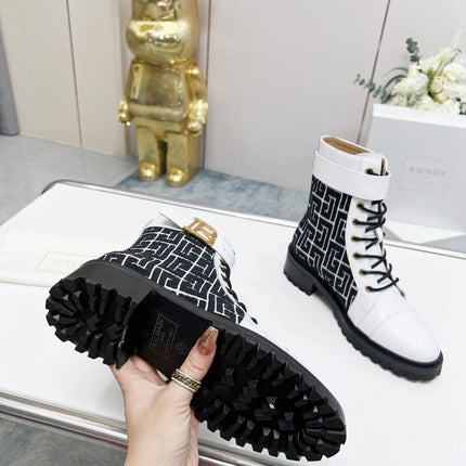 BALMAIN 26S BOOTS IN WHITE CALFSKIN AND BLACK WOOL