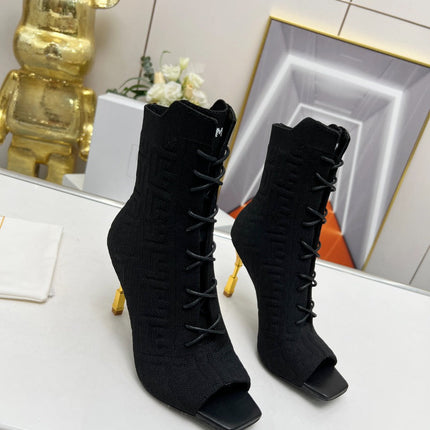 BALMAIN 26S LACE UP OPEN TOE BOOTS 95 MM IN BLACK FLYKNIT