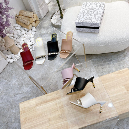 ROCKSTUD TOWER-HEEL MULES IN BRONZE BROWN CALFSKIN 7 CM